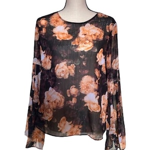 Lord and Taylor printed roses bell sleeves sheer blouse size Medium