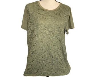 Basic Editions Green Olive Floral Lace Front Crew Neck Short Sleeve Top Size: XL