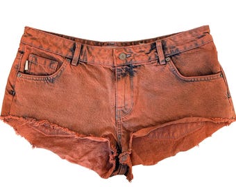 SuperDry Spirit of Japan 67 Denim Jeans Shorts Orange Distressed Raw Saum Größe 32