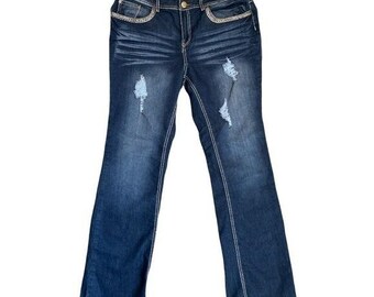 Embellished Pocket Dark Wash Distressed Denim Jeans women 18