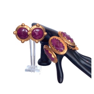 Anne Klein Couture rare vintage 80s magenta marble cabochon earrings & bracelet set