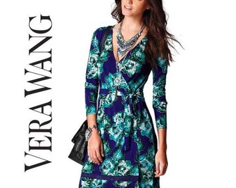 Vera Wang water color floral long sleeves faux-wrap dress size Medium