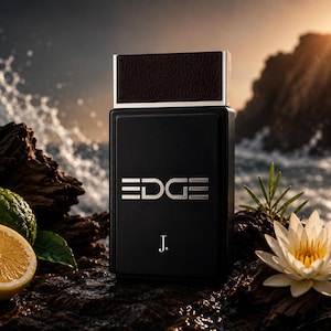 May include: A rectangular black perfume bottle with a dark textured cap and silver metallic trim. The front features the word EDGE in silver lettering above the letter J. The bottle is positioned among rocks, a lemon, and a white water lily.