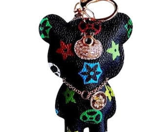 Faux Leather Teddy Bear Keychain: Multicolor Flowers & Crystals