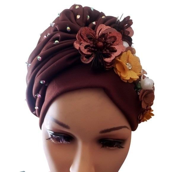 Elegant Brown Turban Headwrap Embellished with Rhinestones and Flowers for Women HWR-2020008-2.jpg?v=1716968878 main image 4