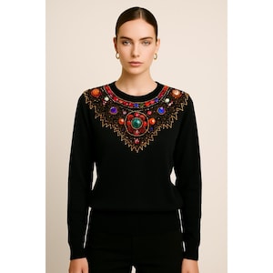 Vintage 1990s Lindsey Blake embellish gems sequins bib style Black sweater women