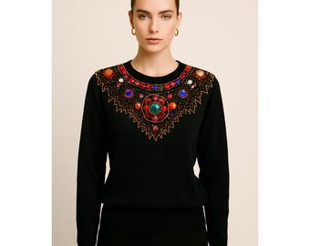 Vintage des années 1990 Lindsey Blake embellir les pierres précieuses paillettes style plastron pull noir femme