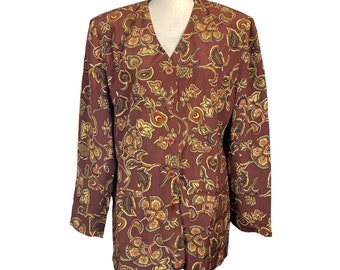 Floral Blazer Jacket Burgundy Red Brown Print silk jacket women size Medium