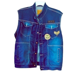 VIP embellished US Army patches stretch denim jean vest women size Large