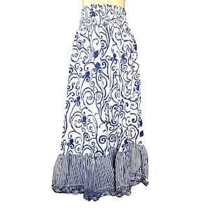 Women&#39;s Kalamkari Floral Blue White Striped Shirred Maxi Skirt, Size 14/16, Embellished
