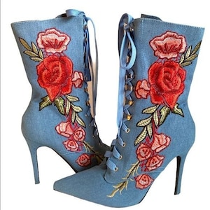 Embellished floral embroidery gold tone metal hardware denim booties 6.5 New