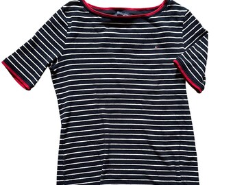 Camiseta de manga corta a rayas para mujer Tommy Hilfiger, estilo náutico con ribete rojo, estilo preppy.