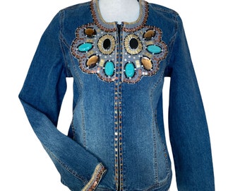 Vintage 90s Bejeweled Denim Jacket: Petite Medium, Sequins & Gems