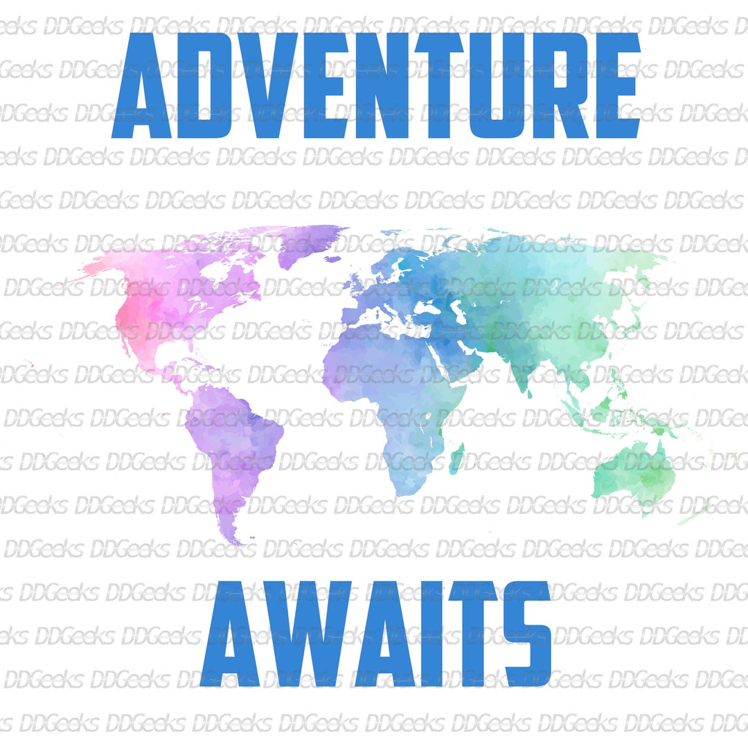 Adventure Awaits World Map Watercolor Silhouette Digital Download PNG