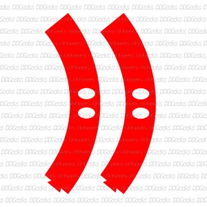 May include: Two red, curved, paper cupcake liners with white circles cut out. The liners are partially overlapping.