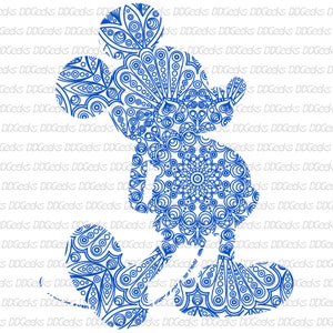 May include: A blue silhouette of Mickey Mouse, filled with intricate mandala patterns. The design is perfect for crafting projects, coloring pages, or creating unique home decor.