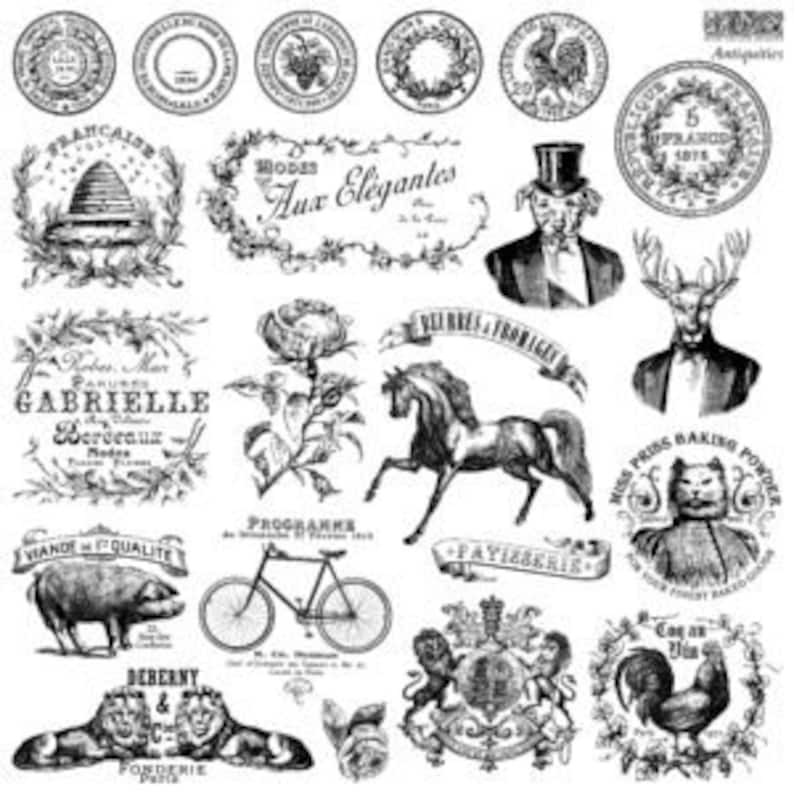 May include: A collection of black and white vintage-style illustrations, including floral wreaths, animal figures, and text elements. The designs feature a rooster, deer, horse, and text such as "Aux Elegantes" and "Gabrielle Berceaux".