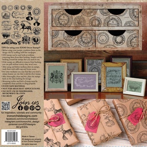 May include: An assortment of vintage-style decor items, including framed art, wrapped gifts, and a small wooden chest. The items feature stamps and designs with a French antique theme, in shades of brown, beige, and black. The image also includes the text "Iron Orchid Designs".