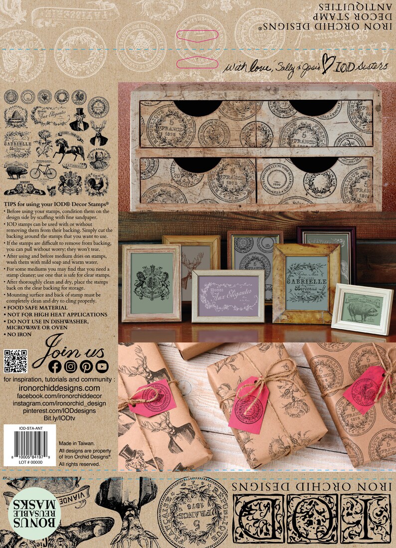 May include: An assortment of vintage-style decor items, including framed art, wrapped gifts, and a small wooden chest. The items feature stamps and designs with a French antique theme, in shades of brown, beige, and black. The image also includes the text "Iron Orchid Designs".