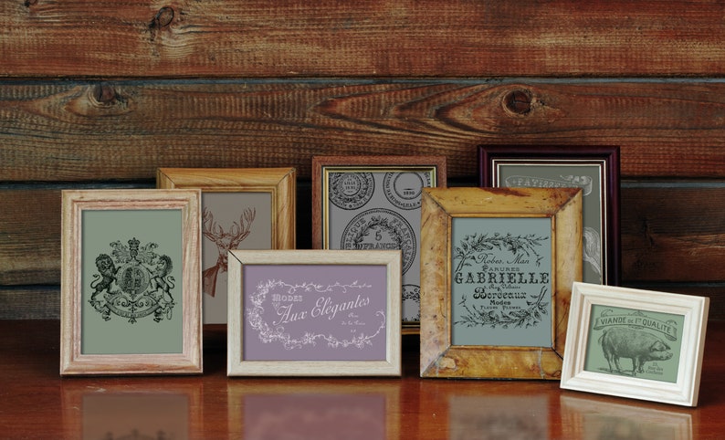 May include: A collection of vintage-style picture frames with various designs and text. The frames are in different sizes and colors, including wood, white, and purple. The images inside feature botanical illustrations, a coat of arms, and French text.