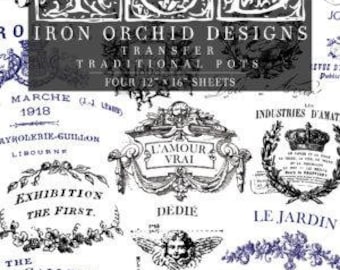 May include: A collection of decorative transfer sheets from Iron Orchid Designs. The sheets feature vintage-style designs in black and blue, including floral elements, text, and ornate frames. Each sheet measures 12" x 16".