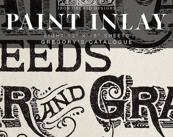 May include: Black and white graphic design print with the text "Paint Inlay" and "Gregory's Catalogue". The print features a decorative design with the words "Seeds" and "And" in a stylized font.