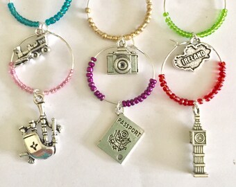 UK Travel Retirement Wine Glass Charms, Bon Voyage, Going Away Party Gifts, Travel UK, Housewarming Gifts, Stocking Stuffers, Vagabond Gift
