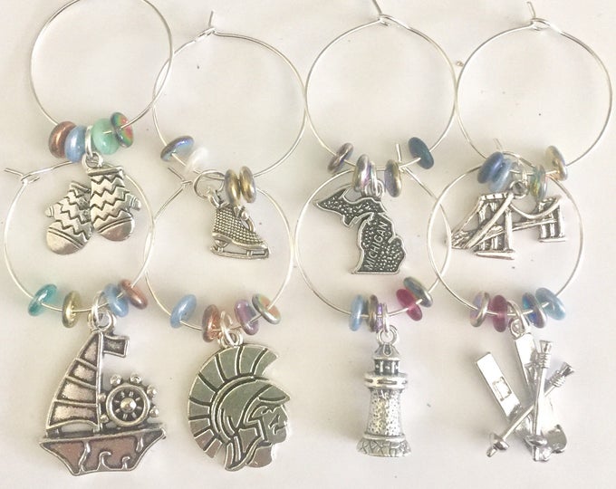 Michigan Wine Glass Charms, Spartan, Winter Sports, Mackinac Bridge