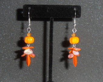 Halloween Earring orange crech glass pumpkins  beads orange czech  glass flat leaf