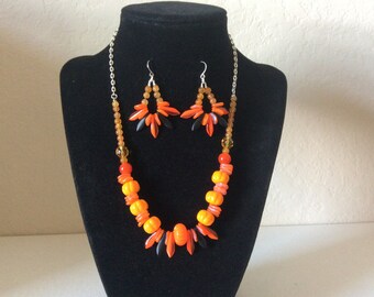 Orange Czech glass necklace and earrings perfect for Halloween party.