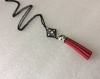 Dark red suede tassel necklace black chain 24 inches