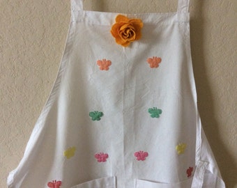 White apron  with flower, Rainbow butterfly sew on fabric.