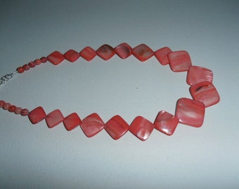 Mother of Pearl Shell Square Orange, Mother of Pearl beads Silver Lobster Clasp 18 inch