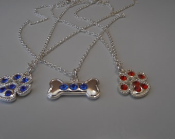 Dog Paw Red necklace Blue Necklace, Dog Bone Blue Necklace chain sterling silver plated pendant Swarovski.