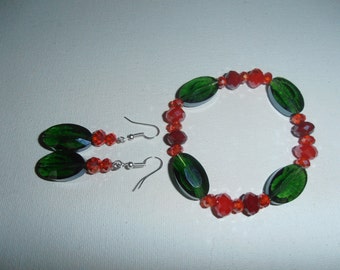 Green, Red Crystal Glass Faceted beads bracelet, earring