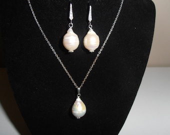 This Necklace and Earring Set Huge gorgeous AA Freshwater pearl Flameball Pearl Natural Ivory white 14- 15 MM Earwire silver crytal cubic