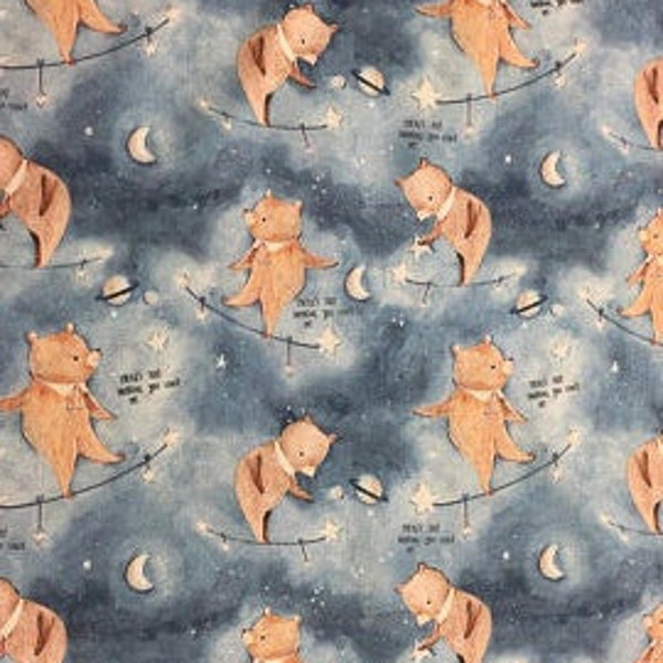 3 Wishes Adventures in the Sky 14654 100% Cotton Blue fabric with bears - Directional