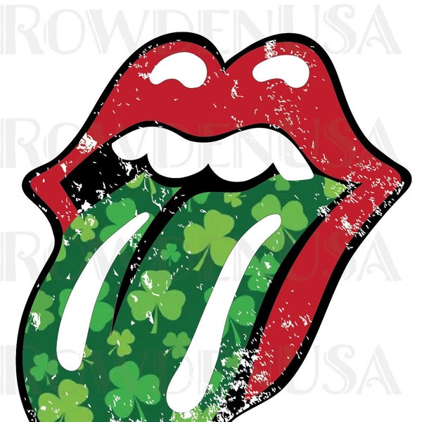 PNG, Shamrock Grunge Green Lips & Tongue, Rock Band Logo, Shamrock PNG, DIY Shamrock png, rock band green png, St. Patrick’s Day png