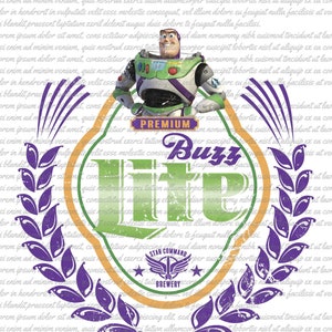 PNG Premium Buzz Light, Star Command Brewery, Green and Purple png, Beer Label png, Fun Toy png, Story Shirt png