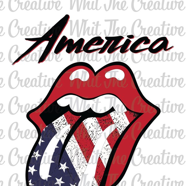 PNG, America Tongue and Lips, Rock Band Logo, Red White Blue, July 4th diy, Fourth of July logo, Grunge American Flag