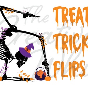 PNG - Skeleton Handstand, Halloween Gymnastics Shirt, PNG Halloween, Skeleton Handstand, Cute Skeleton with Pumpkins, Treats Tricks Flips