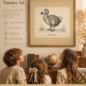 Lámina decorativa de pájaro dodo, póster giclée vintage, dibujo retro a tinta, decoración bohemia en pergamino, regalo de animal extinto, para ella, estilo cottagecore cutecore.