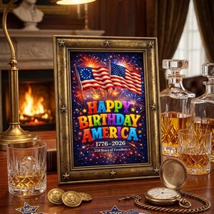 Może przedstawiać: Oprawiony wydruk z napisem "Happy Birthday America" i amerykańskimi flagami. Obraz otoczony jest elementami dekoracyjnymi, w tym monetami, zegarkiem kieszonkowym i szklankami z bursztynową cieczą. Wydruk upamiętnia 250 lat wolności.