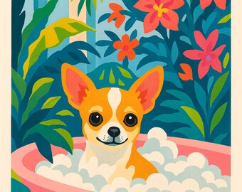 Matisse inspired mid century boho deco Chihuahua abstract wall art