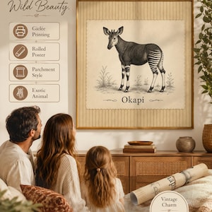 May include: A framed wall art print featuring a black and white illustration of an okapi on a parchment-style background with the text Okapi. The print includes vertical stripes and is displayed alongside text describing giclée printing.