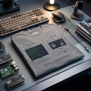 May include: A gray t-shirt with a computer-themed graphic, including a computer screen, handprint, and the text "Systems Administrator." The shirt is folded on a desk with a keyboard, mouse, and magazines.