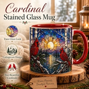 May include: A ceramic mug with a red handle and interior, featuring a stained glass design of cardinals, trees, and a sunset over a lake. The mug has the text "Cardinal Stained Glass Mug" and "Warm Moments. Beautiful Memories."