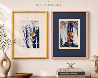 Coco Gordon Signed 1966 Silkscreen Art Pair, Vintage Fluxus Tree Moon Prints, Framed 12x14, Artist Verified Mid-Century, Wall Decor, 1966