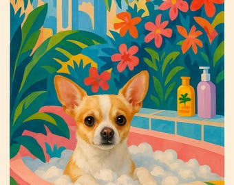 Matisse inspired mid century boho art deco Chihuahua abstract wall art