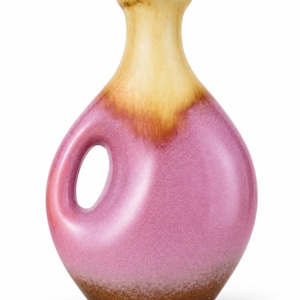 Vintage Studio Pottery, Sculptural Loop Handle Vase, Pink Yellow Drip Glaze, Signed P, Southwest Cottagecore